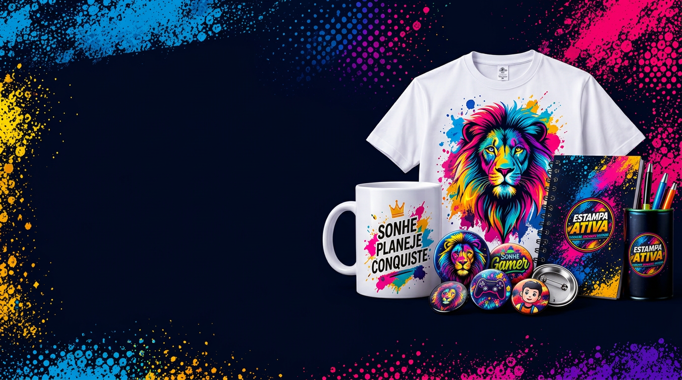 Camiseta com leão colorido, caneca, bottons, caderno e papelaria personalizados